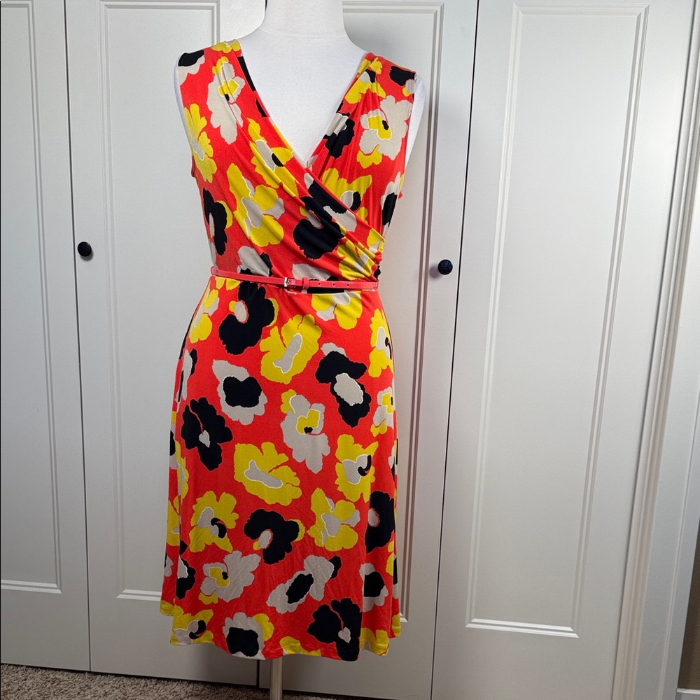 Anne Klein Floral Faux-Wrap Belted Dress - Orange, Yellow, Black, Gray